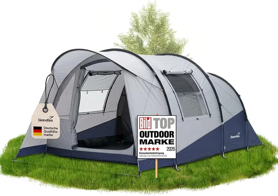 Skandika Tunnelzelt Isken 3-5 | Campingzelt für 3-5 Personen, Fenster mit Moskitonetz, eingenähter Boden, Schwarze Schlafkabine, wasserdicht 3000 mm Wassersäule, Canopy | Zelt Camping, Festival