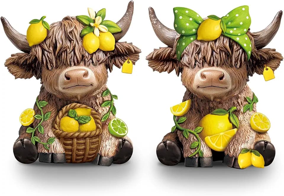 Wesiti 2 Pcs Highland Cow Figurines Lemon Summer Resin Statue for Home