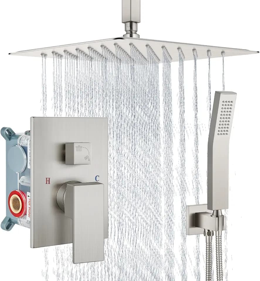 Aolemi Ceiling Shower Faucet with Handheld 12 Inch Head Brushed Nickel