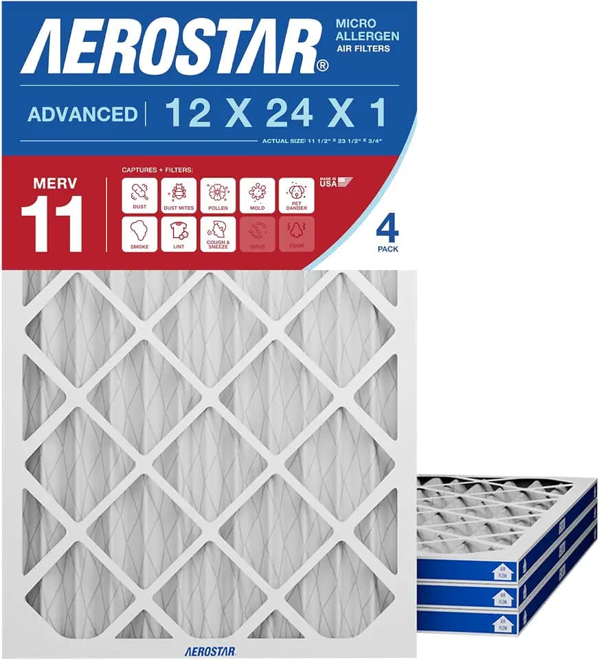 Aerostar 12x24x1 Air Filter MERV 11 (For Allergies, Dust, Lint, Mold, Pet Dander, Smoke & Smog) - Electrostatic MPR 1000-1200 & FPR 7 - Pleated HVAC AC Furnace Air Filters - Pack of 4