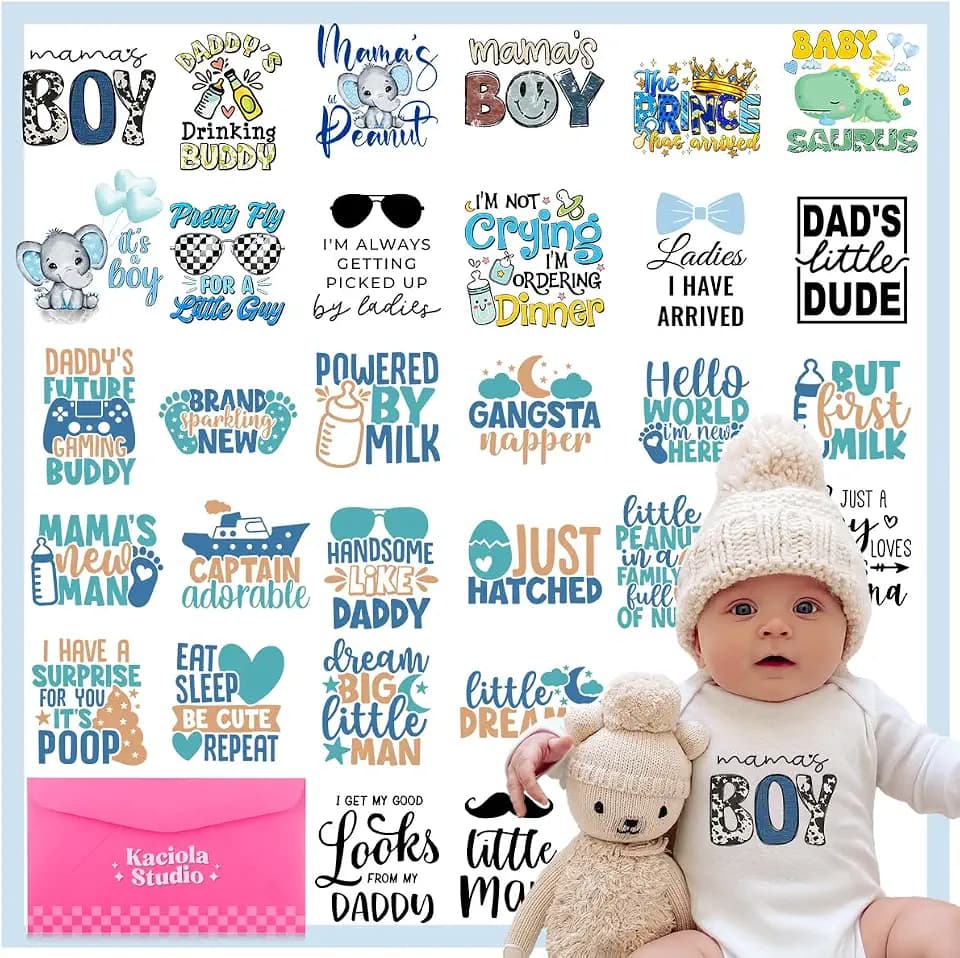 Kaciola 30 Sheets Baby Shower Games Iron on Transfers, Baby Boy DTF Transfers Ready to Press Bodysuit Making Stickers Iron on Decals for T Shirts Hoodie DIY Crafts (Boy)