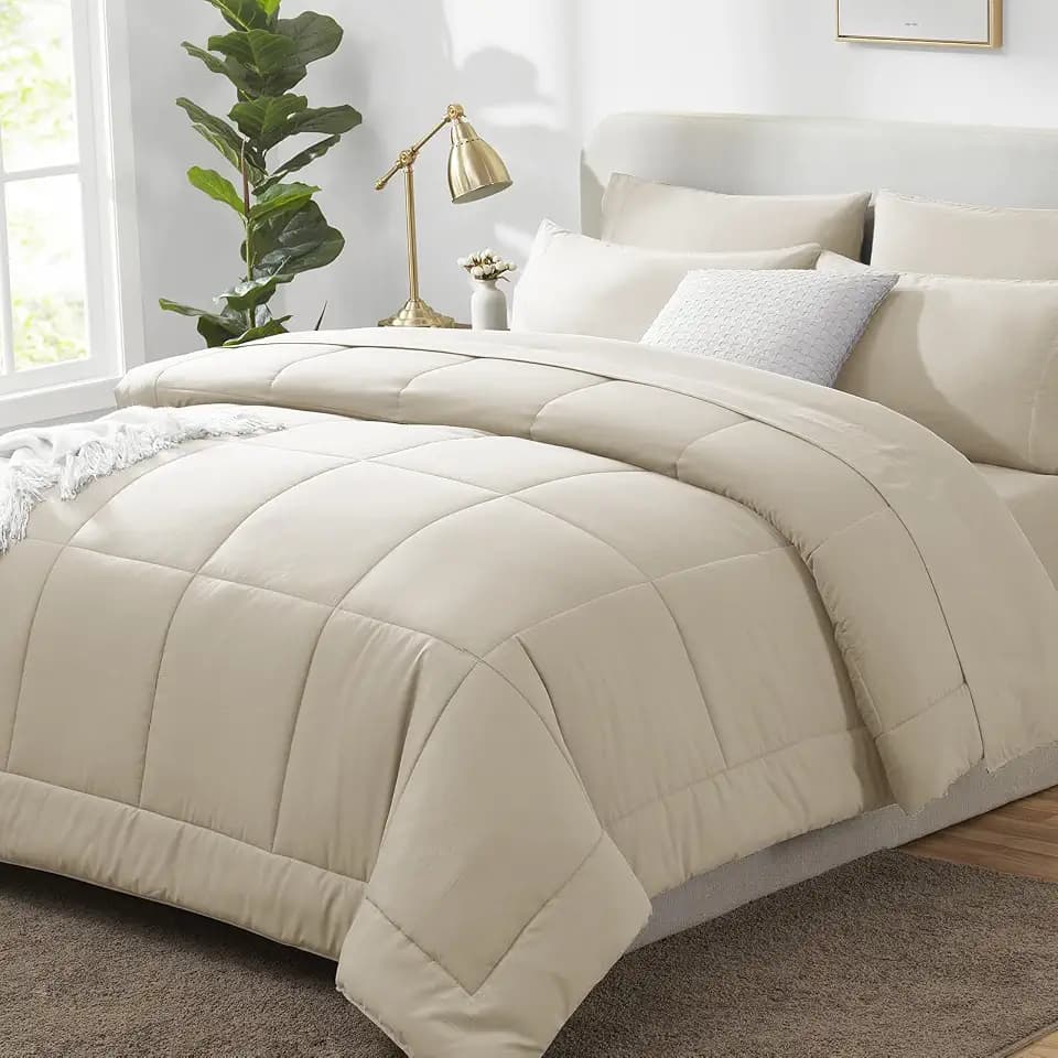 CozyLux Full Size Comforter Sets Oatmeal - 7 Pieces Bed in a Bag
