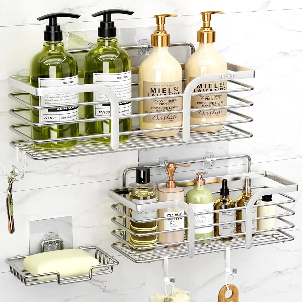 Yougai Shower Caddy, Shower Organizer with Soap Holder and Hooks, Rustproof Shower Shelves, No Drilling Bathroom Organizers and Storage, Wall-Mounted Kitchen & Home Decor (Silver)