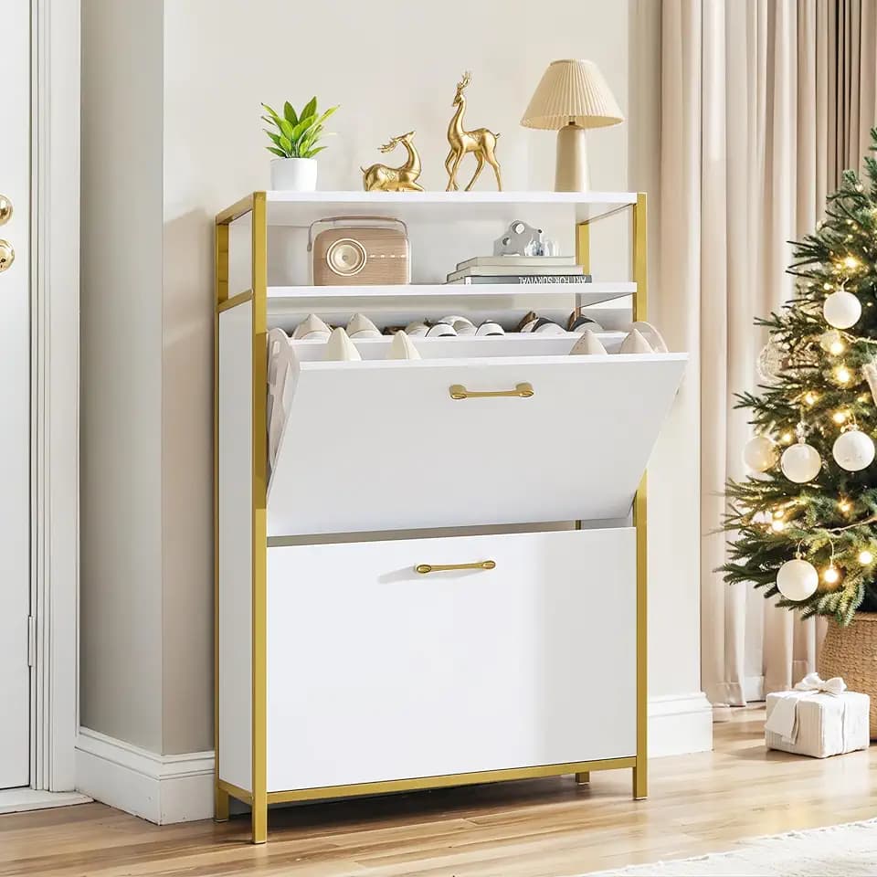 VECELO Shoe Storage Cabinet with 2 Flip Drawers for Entryway, Modern Slim Hidden Freestanding Organizer with Metal Legs for Hallway, Living Room, Large Capacity, Suit for Size to 11, White