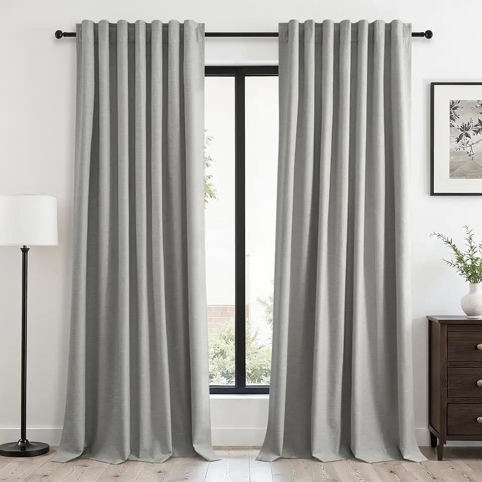 Frost Grey Blackout Linen Curtains 96 Inches Long 2 Panels for Bedroom 100% Black Out Curtains Thermal Insulated Noise Reducing Neutral Modern Living Room Darkening Window Drapes 96 inches Length