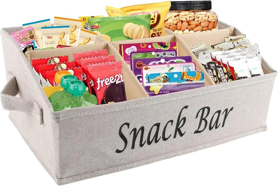 Snack Organizer for Countertop, Fabric Snack Organizer with Handles, 6 Compartment Snack Box Container Snack Basket, Snack Bar Station, Kitchen Pantry Organization and Storage - Khaki