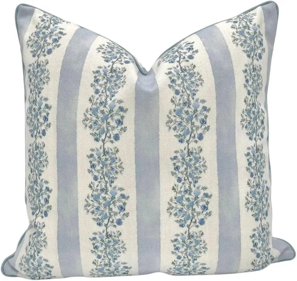 Jillien Harbor “The Juliet” Floral Block Print Pillow Cover – Soft Blue and Off-White Decorative Throw Pillow Cover – Grandmillennial Home Decor, 20" x 20"