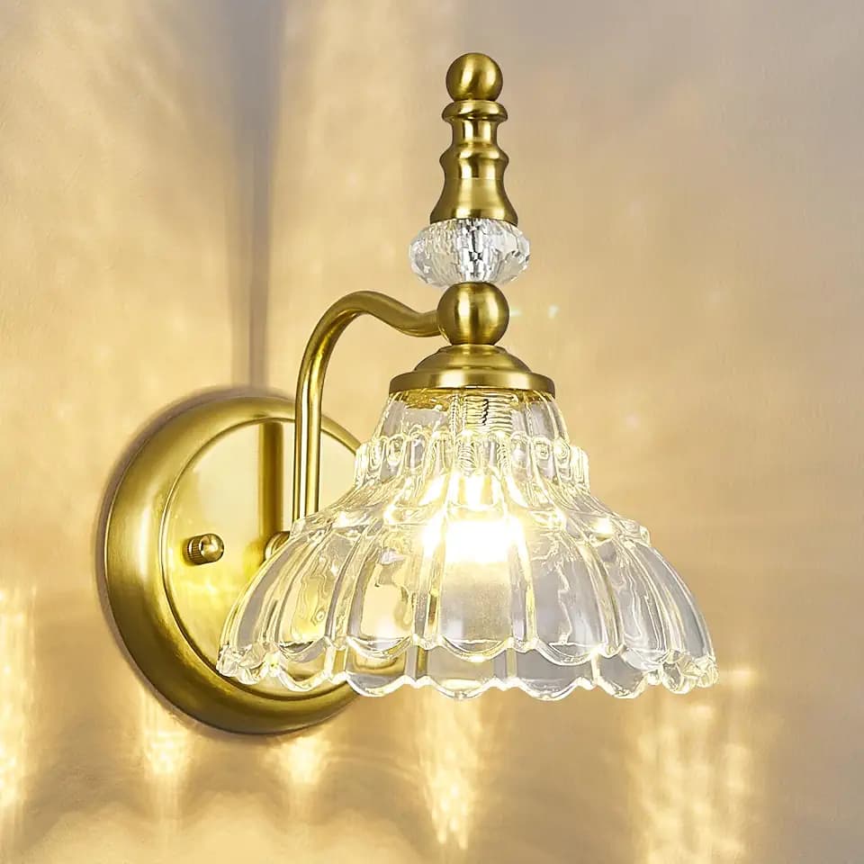 Vintage Wall Sconces Matte Brushed Brass Finish Indoor Wall Sconces Fixtures Wall Lights with Crystal Glass Shade Vanity Lights for Bedroom Bathroom Living Room Hallway(1-Pack)
