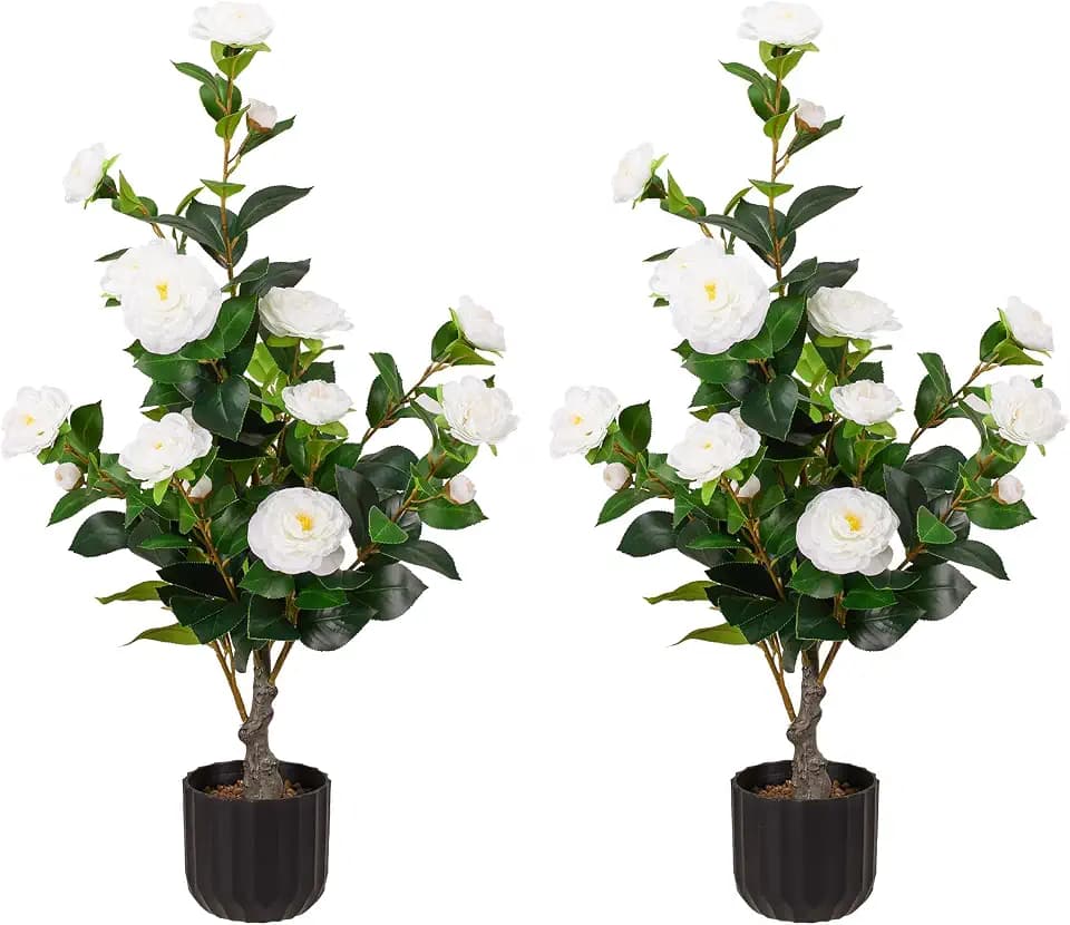 Artificial Camellia Tree 2 Pack, 3FT Faux Camellia Tree with Planter, Fake Plants Potted Camellia with Lifelike Flower for Living Room Office Decor Indoor