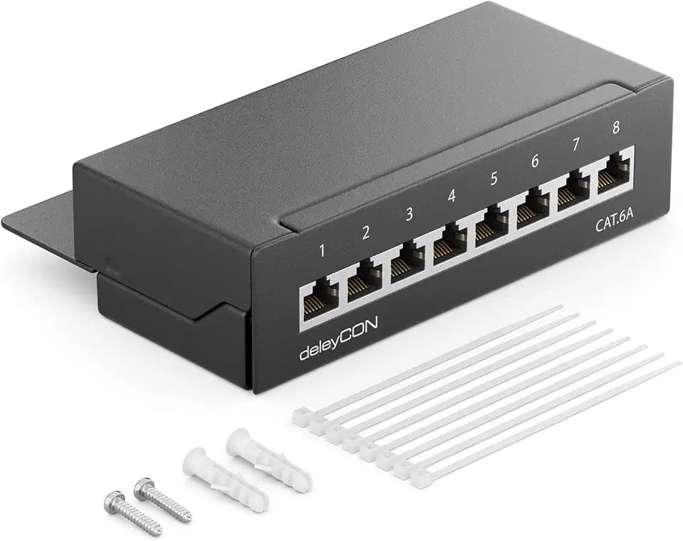 deleyCON CAT 6a Patchpanel Verteilerfeld 8 Port RJ45 - Schwarz