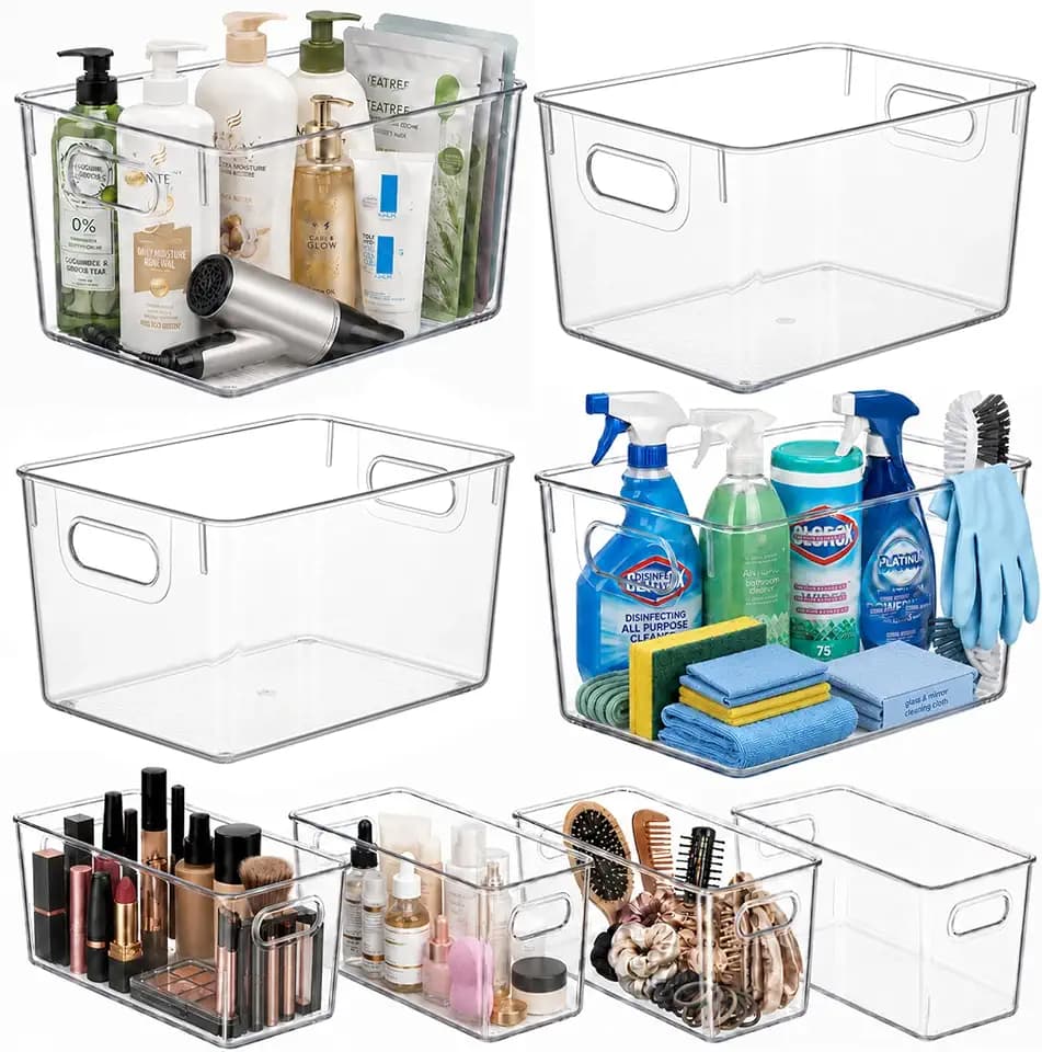 MOONEDGE 8 Pack Clear Plastic Storage Organizer Bins, 4 Large & 4 Narrow