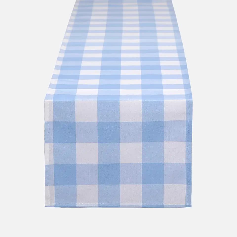 Gingham Table Runner Light Blue and White 72 Inches Long, Plaid Table Cloth