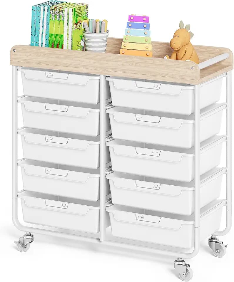 TOOLF 10 Drawer Rolling Cart, Craft Organizer with Mobile Storage White