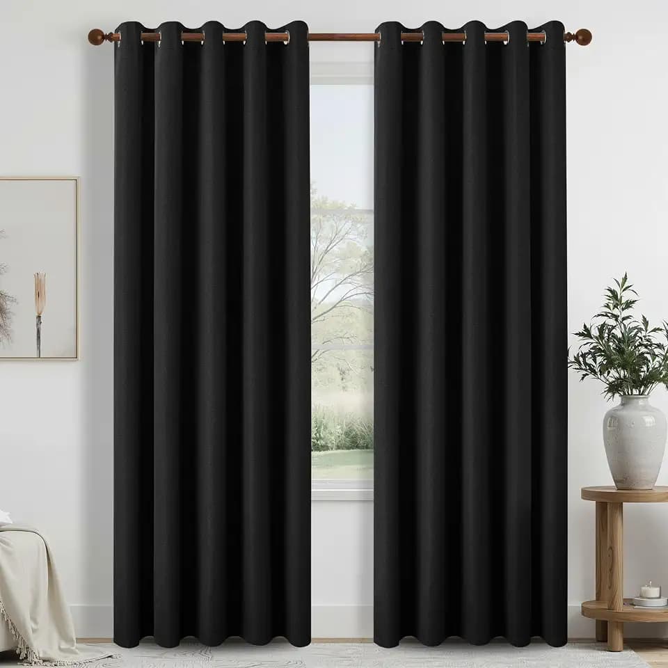 DONREN Full Blackout Curtains for Bedroom, Thermal Insulated Noise Reducing Linen Grommet Window Drapes for Living Room and Nursery, Black, 66 x 84 Inch Length, 2 Panels