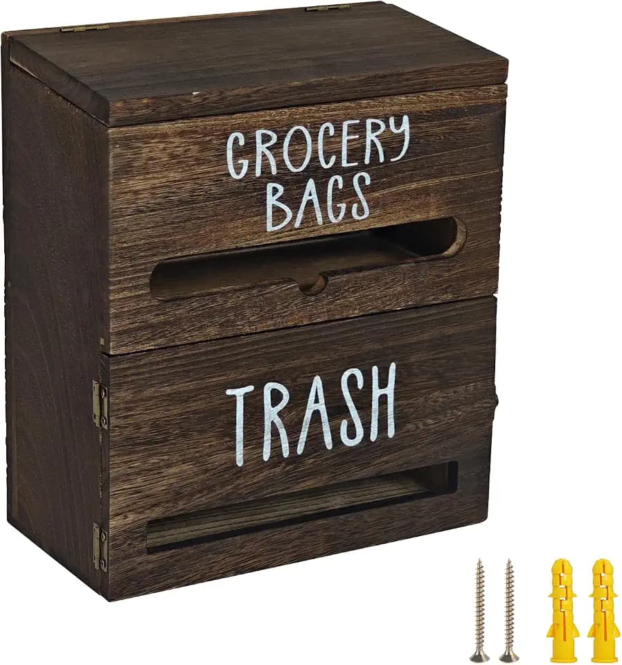 2 in 1 Trash Bag Dispenser, Double Wall Mounted,Wood Trash Bag Holder, used in kitchen, garage, laundry room, can store Environmentally friendly food bags and garbage bags(Dark Wood