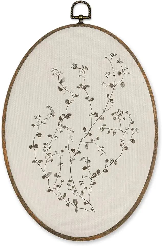 LKETW Vintage Floral Oval Wall Art Decor, Neutral Botanical Floral Oval Canvas Hanging Decor, Rustic Cottagecore Farmhouse Flower Wall Decorations for Home Bedroom Living Room, 8.6x11.4 Inch