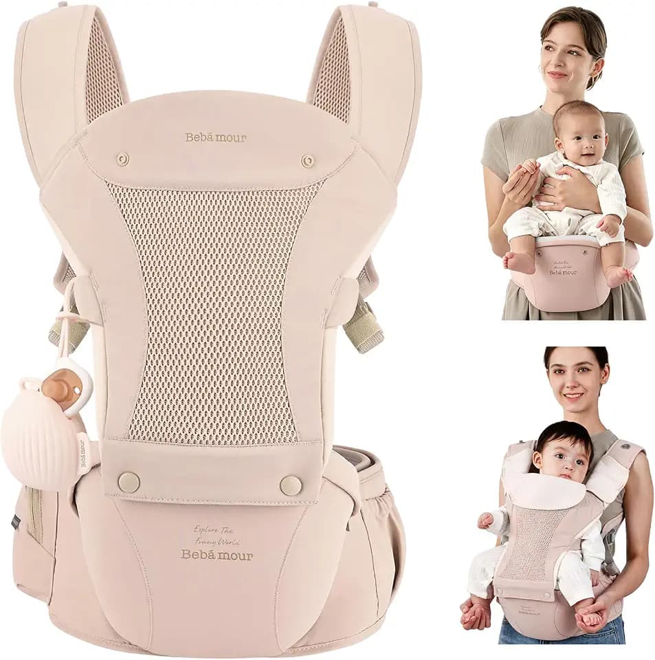 Bebamour Baby Carrier with Hip Seat,All-Position Breathable Mesh Hip Seat & Carrier 0-36Months with Head Hood, 3 PCS Cotton Pads, Waist Extender,Storage Bag & Pacifier Case,Pink