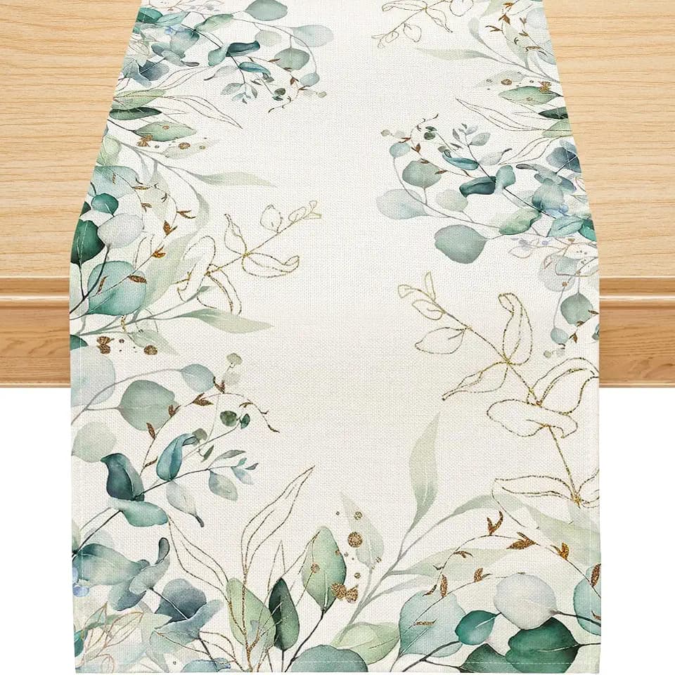 Siilues Spring Summer Table Runner, Spring Summer Decorations Off White Eucalyptus Leaves Green Table Runner Seasonal Summer Decor for Home Holiday Party Decor Dining Table Decoration (13" x 108")