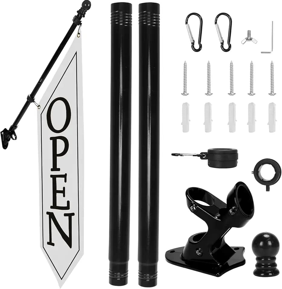 OPEN Flag with Pole Kit - Heavy Duty Canvas Open Banner for Business Storefront, 42x12 Inch Outdoor Double-Sided Sign with Bracket - Advertising Signage for Retail & Shops (White)