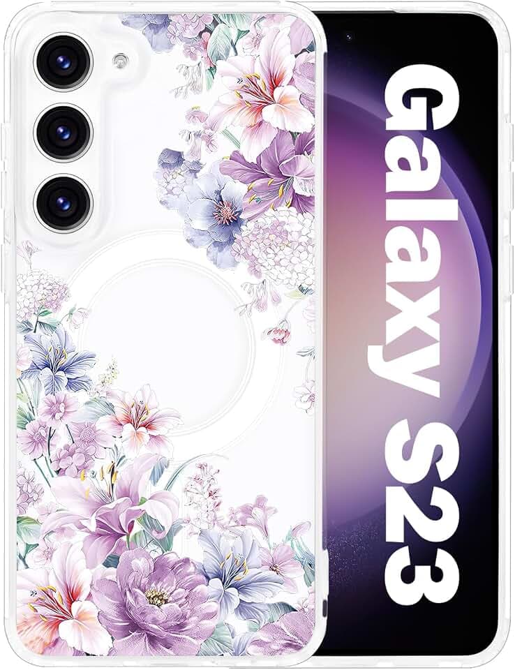 for Samsung Galaxy S23 Flower Magnetic Case Compatible with MagSafe Cute Floral Pattern Clear Shockproof PC Back Soft TPU Bumper Slim Cover for Girls Women Galaxy S23 6.1 inch, Hydrangea