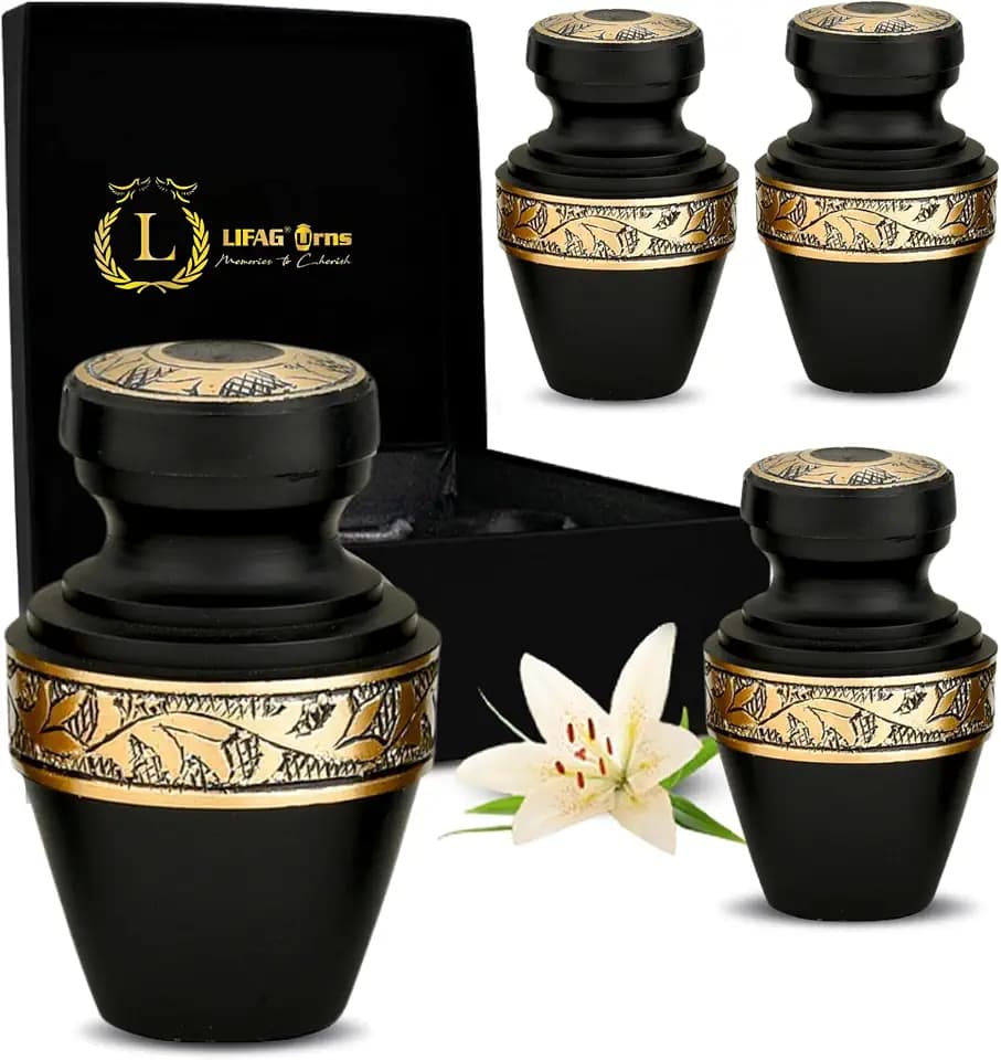 Mini Urns for Human Ashes Set of 4 with Velvet Case & Funnel | Handcrafted Metallic Small Urns for Human Ashes Keepsake - 3 Inches (Matte Black, Small, Grecian)