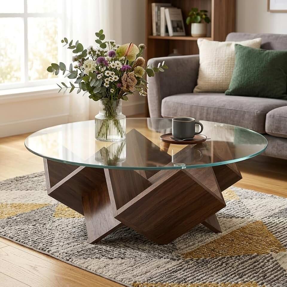 Merax 35.4'' Round Coffee Table with Tempered Glass Top, Walnut