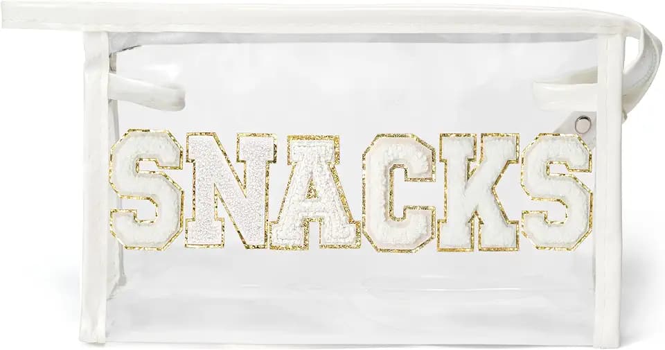 Y1tvei SNACKS Clear Makeup Bag - Preppy Patch White Chenille Varsity Letter Transparent PVC Large Cosmetic Pouch Portable Waterproof Travel Organizer Toiletry Compliant Carry Bag for Women Girl(White)