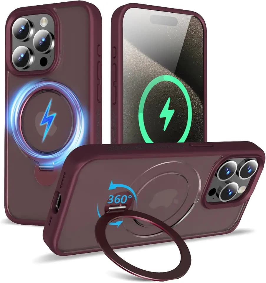 Upgraded 360° Rotatable Magnetic Ring Stand for iPhone 15 Pro Case 6.1'',Military Drop Protection,Compatible with MagSafe,Matte Translucent Phone Case for iPhone 15 Pro,Wine Red