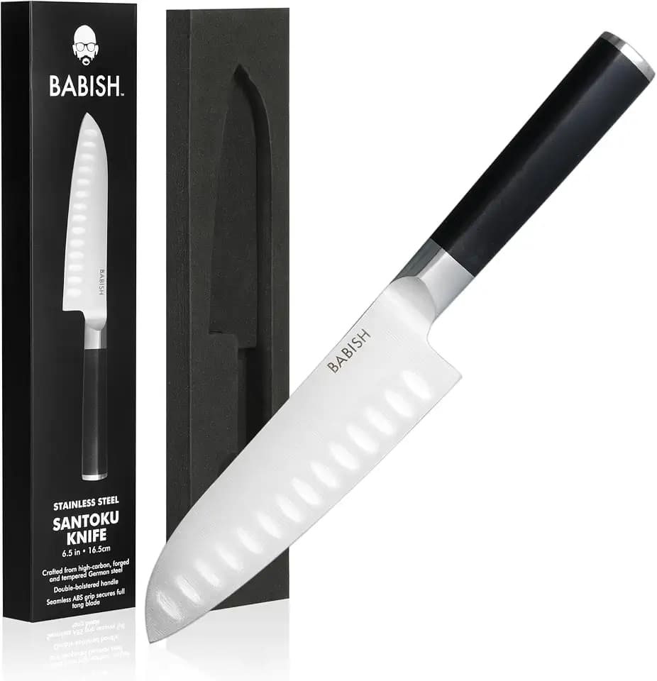 Babish 6.5 Inch Santoku Knife High Carbon 1.4116 German Steel Kitchen Knife Razor Sharp Blade Durable Precision Cutlery for Slicing Dicing Chopping Vegetables Meat and Fish