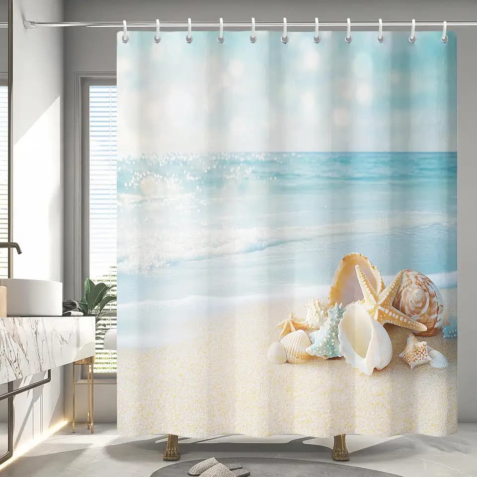 Beach Shower Curtains Simple Style Sea Wave Sunshine Conch Starfish Sand Vacation Summer Theme Small Window Curtain Bathroom Decor Set with Hooks Waterproof Washable 72 x 72 Inches