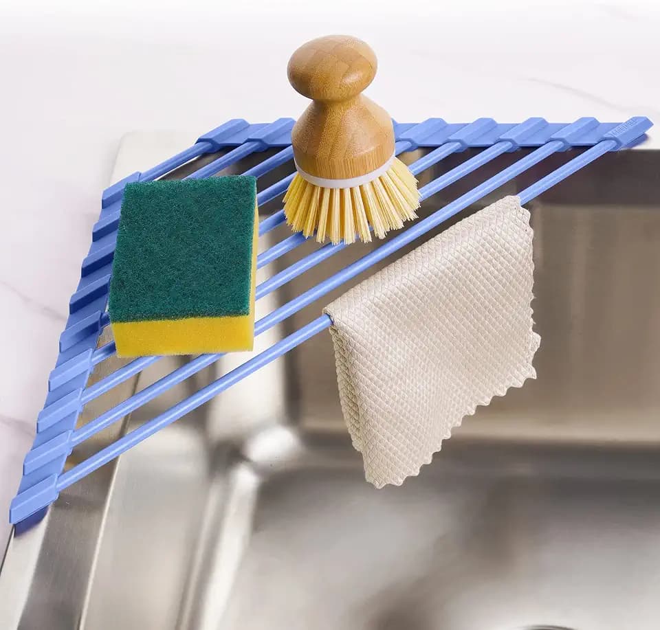 Tomorotec Triangle Roll Up Dish Drying Rack with Silicone Coating, Blue