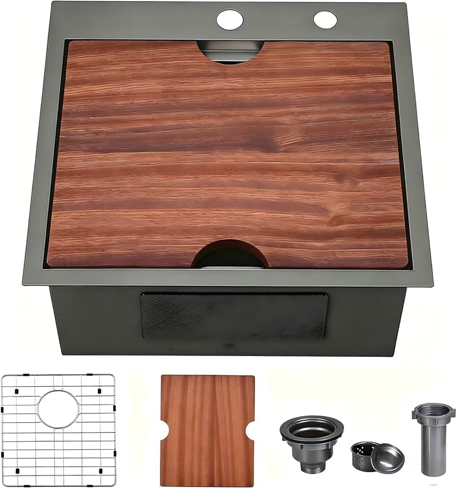 VCCUCINE 21x20 Inch Gunmetal Black Drop in Bar Sink Kitchen Sink Workstation,Topmount RV Small Kitchen Sink,16 Gauge Stainless Steel Wet Bar Sink,Outdoor Single Bowl,Prep Sink with Accessories