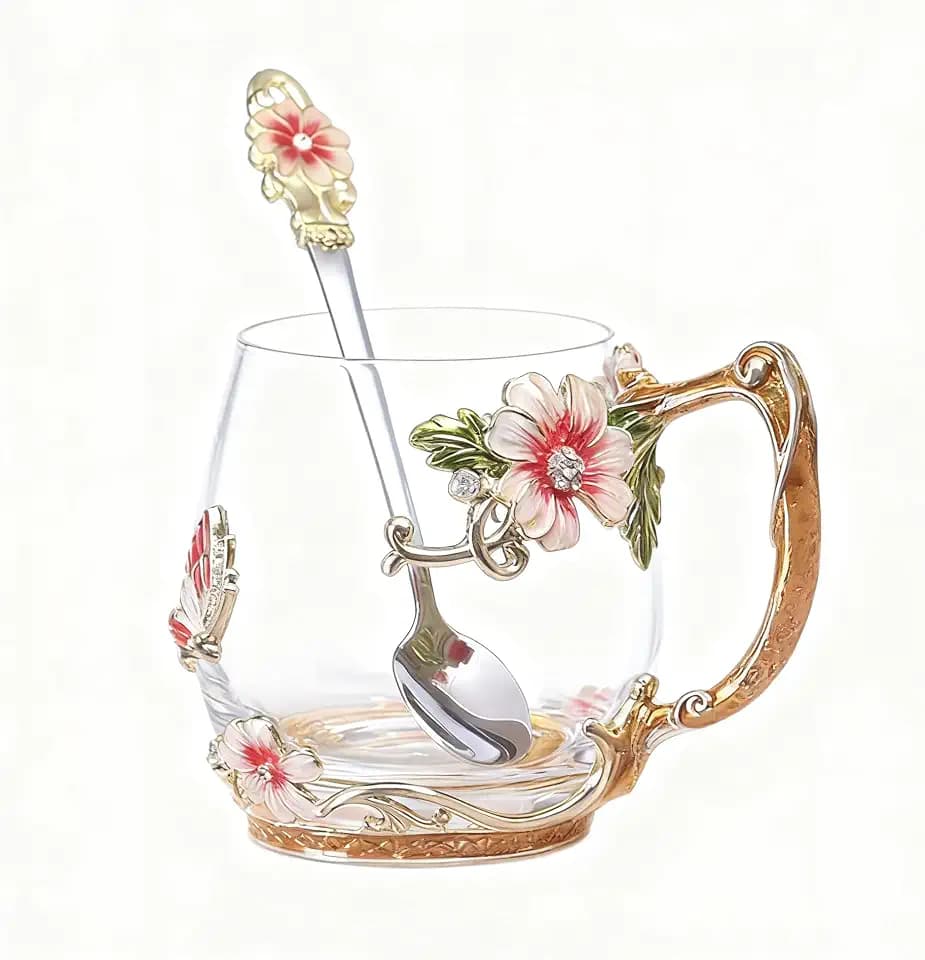 Flower Glass Coffee Tea Cup With Spoon Set Ideal Gifts For Mom Women Christmas Stocking Stuffers Valentine's Day Birthday Gifts For Her Girlfriend Wife Nice Present From Daughter Son(Short Red)