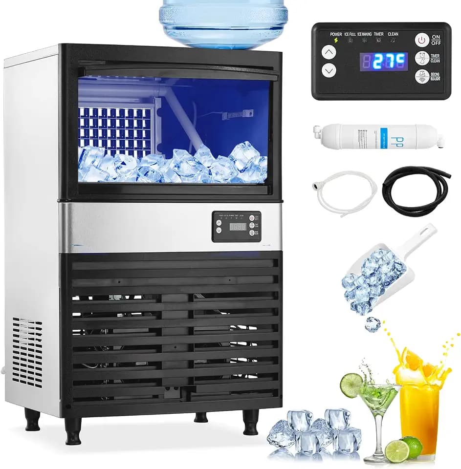 Commercial Ice Maker Machine 150Lbs/24H, 35Lbs Storage Bin, 6x13Pcs Clear Ice Cubes, Freestanding Stainless Steel Ice Making Machine with Blue Light for Restaurant, Home, Bars, Coffee Shop