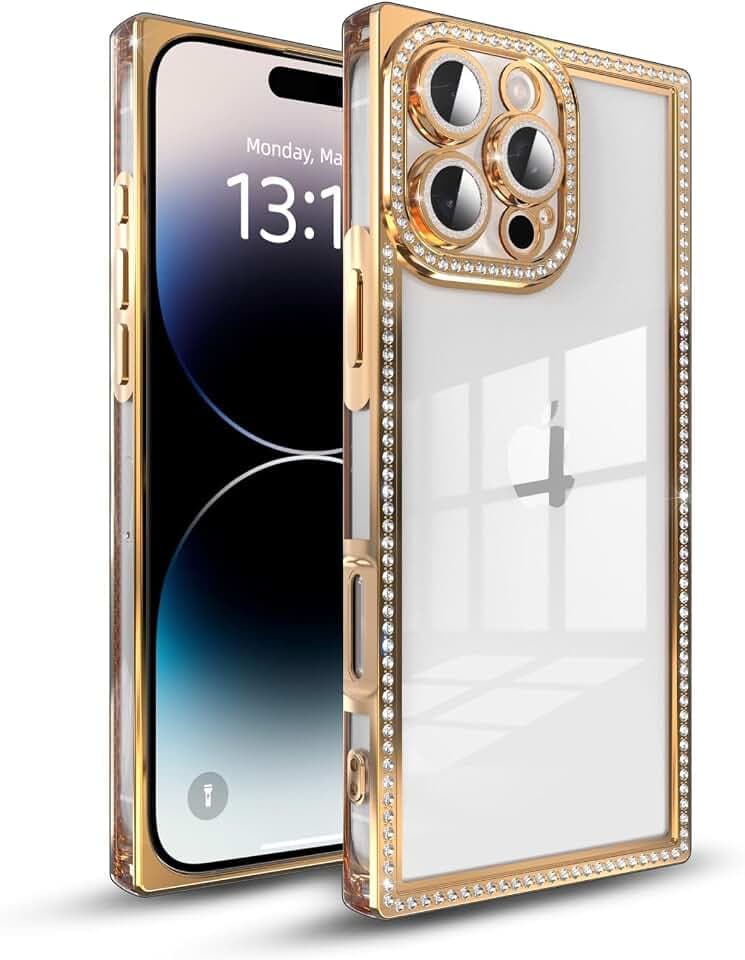 IAIYOXI Rectangle Glitter Bling Diamond Case for iPhone 13 Pro,Cute Luxury Sparkly Cover,Full Camera Protection Soft TPU Bumper Shockproof Slim Phone Case for Women Girls(iPhone 13 Pro,Gold)