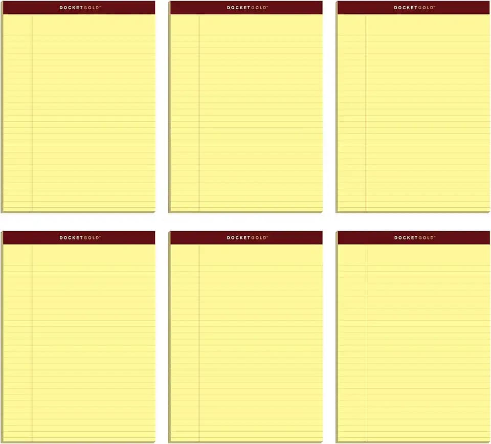 Tops Docket Gold Writing Pads, 8-1/2" x 11-3/4", Legal Rule, Canary Paper, Perforated, 50 Sheets, 6 Pack (63956)