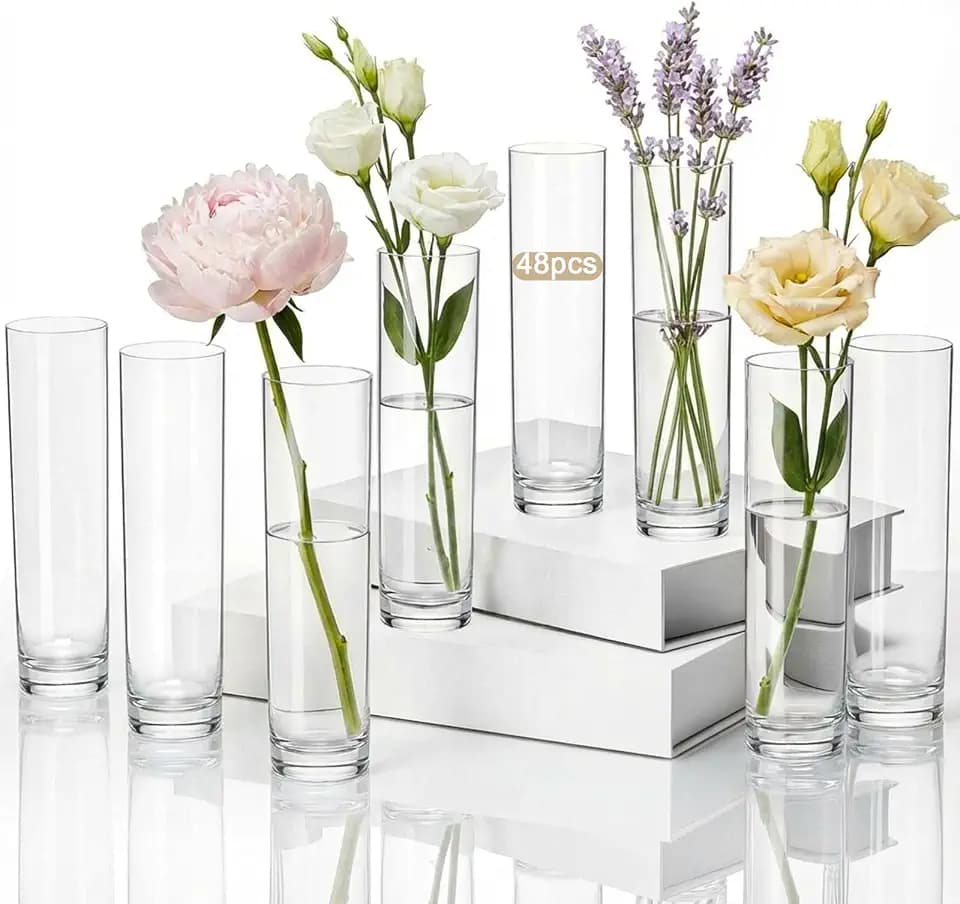 Didaey 48 Pcs Acrylic Bud Vases Clear, Cylinder Vase for Rose Centerpieces