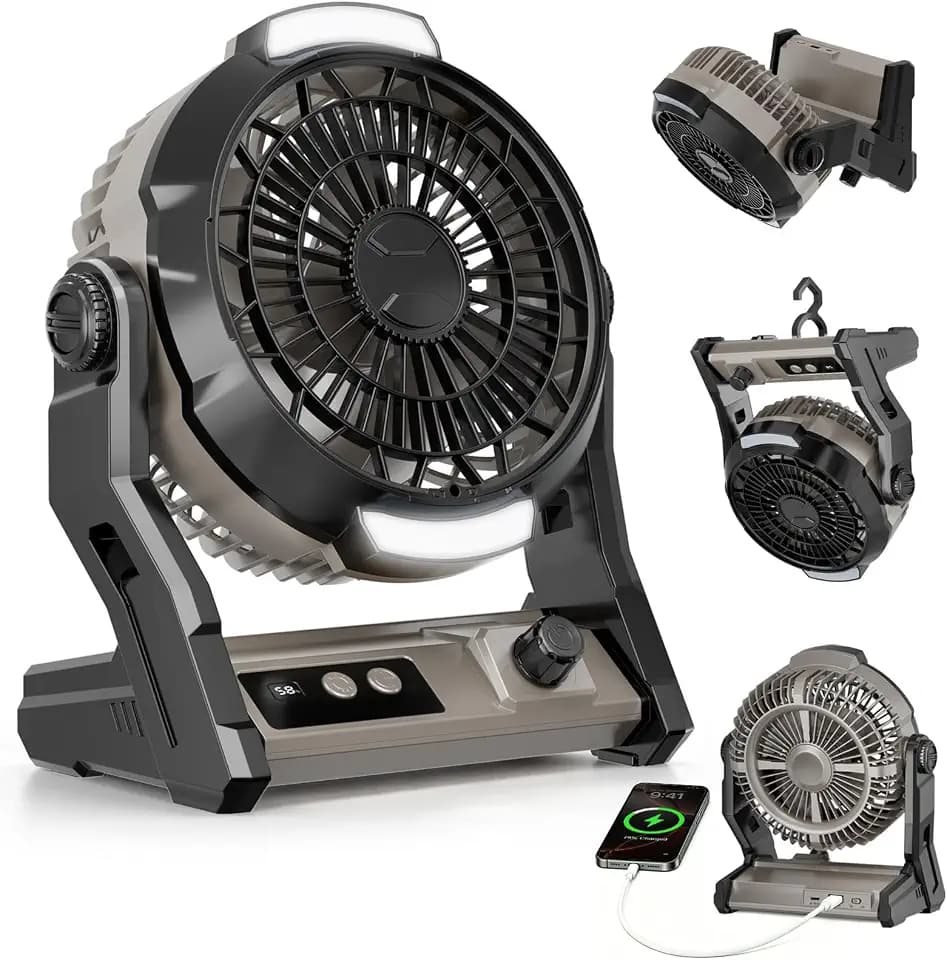 ZAFRO Portable Camping Fan with 10000mAh Rechargeable Battery, 100-Speed Adjustable, 8H Timer & LED Light, 3-in-1 Desk & Hanging Fan, Outdoor USB Power Bank Fan for Tent Travel Bedroom Office Black