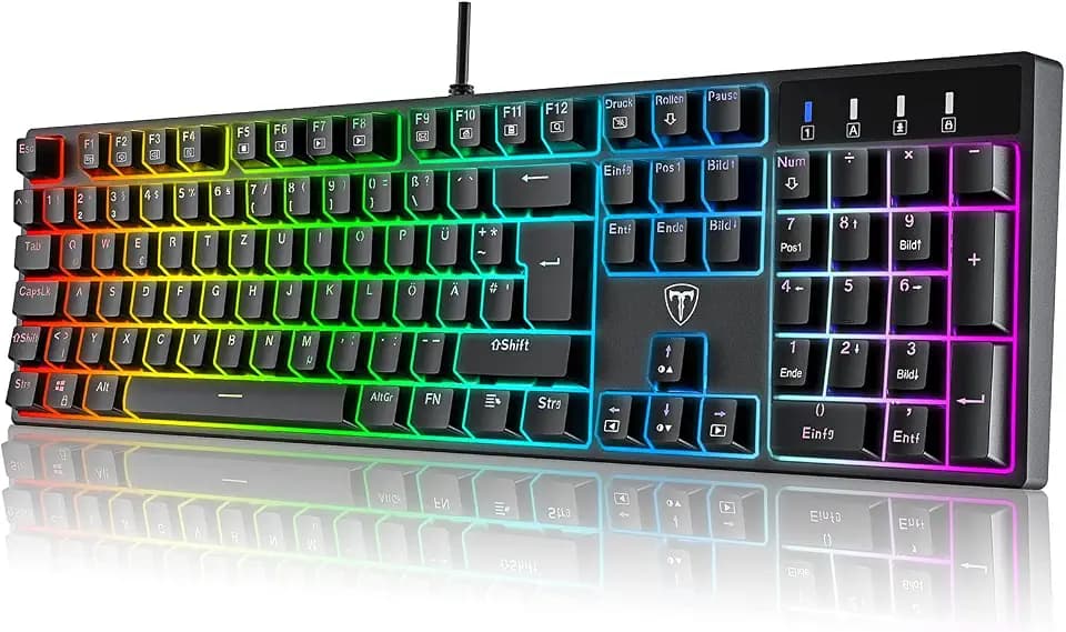Mechanische Gaming Tastatur QWERTZ mit RGB-Beleuchtung (Blue Switches) - 104 Tasten USB-Kabelgebunden, 20 Beleuchtungsmodi, N-Key Rollover, Wasserdicht ——PC Tastatur Mit Kabel für Gamer (Schwarz)