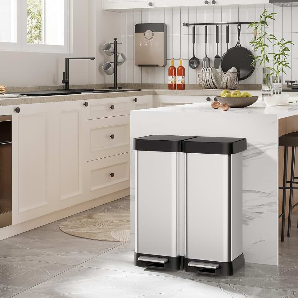 16 Gallon Dual Compartment Trash Can, 60L 2x30L Stainless Steel Step Trash and Recycling Bin, Soft Close Lid, Fingerprint Proof, No Inner Bucket, for Kitchen Bathroom Bedroom Office