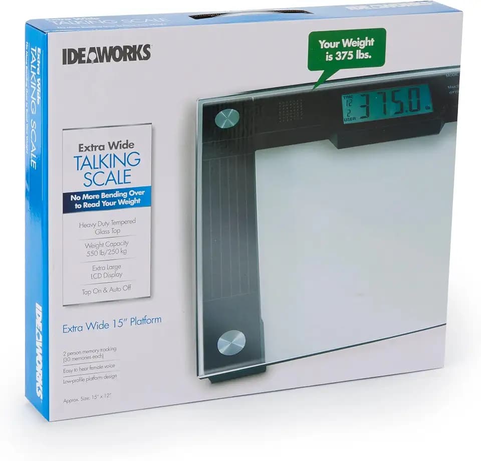 Ideaworks JB5824 Extra Wide Talking Scale-Visual & Voice Display Scale- 550 Pounds Max-Tamper Glass-Extra Wide Width-Large LCD Display-Tap On & Off Auto Function