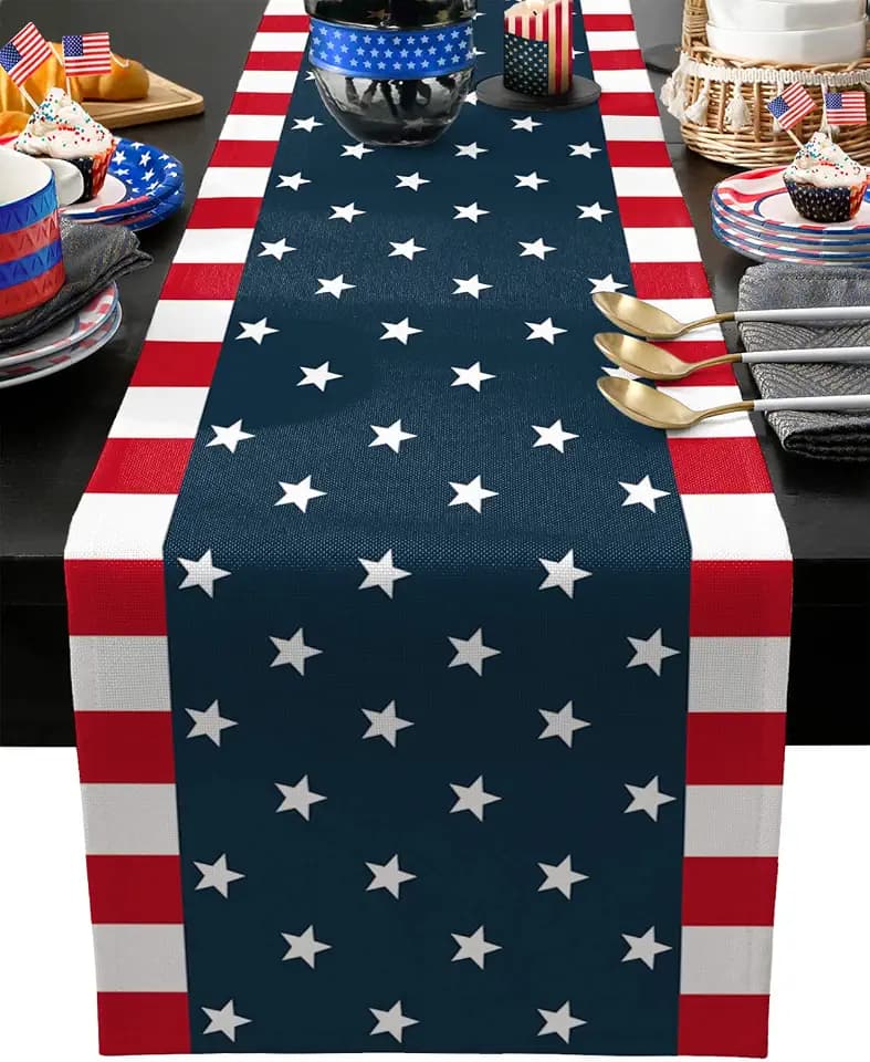 Independence Day 4th of July Table Runner Dresser Scarves,Linen Burlap Table Runners Cloth for Dinner Holiday Party, Kitchen Decor Patriotic American Flag 13x120inch