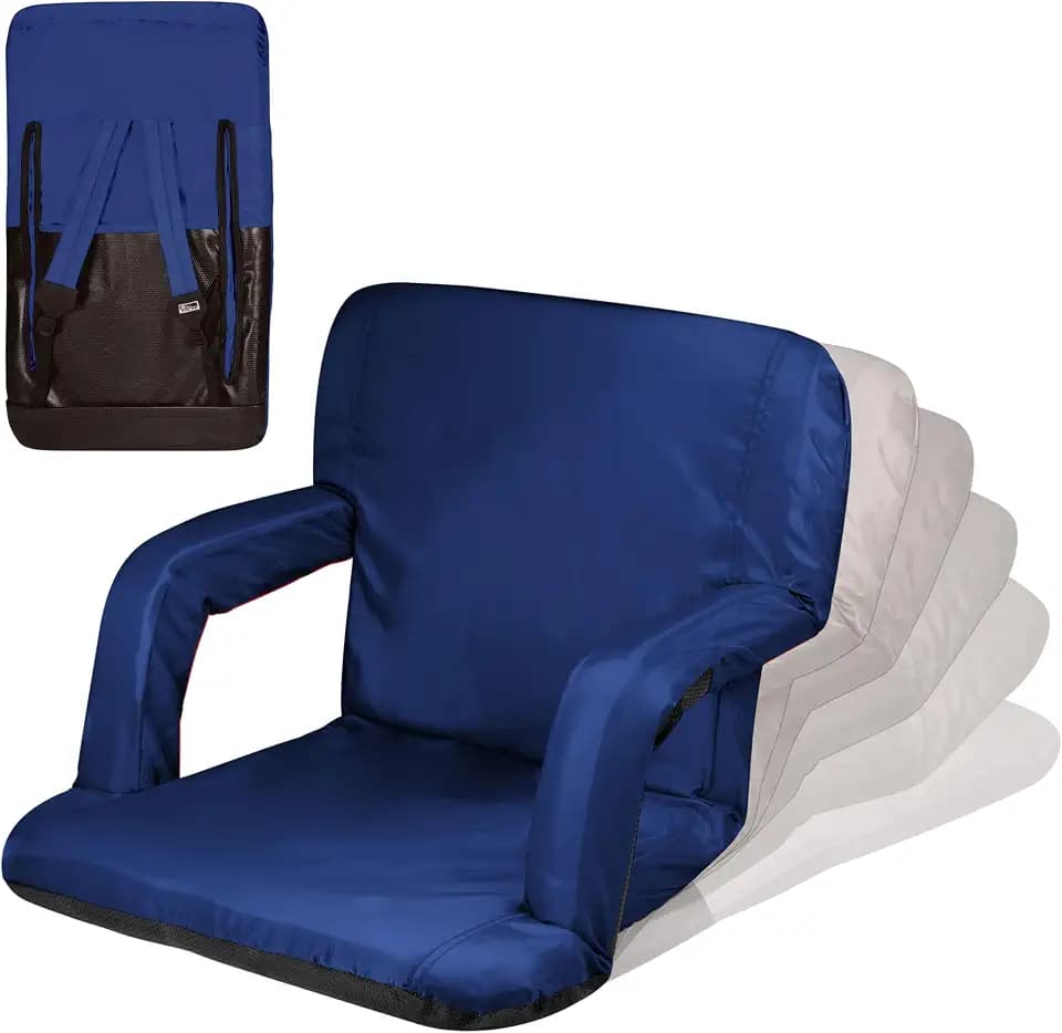 PICNIC TIME Ventura Stadium Seat for Bleachers with Back Support - Portable Reclining Folding Chair, 6 Positions, Padded Cushion Armrests, Lumbar Adjustable Backrest, Backpack Straps, (Royal Blue)