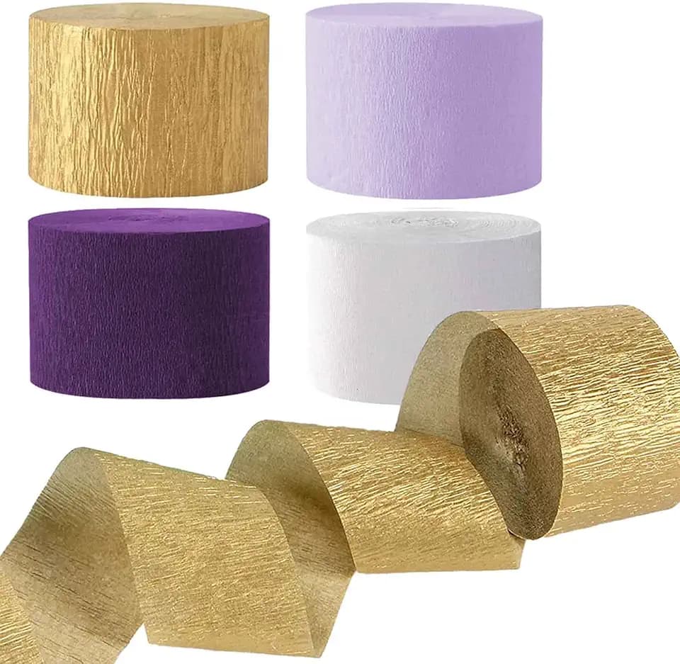 AIM & GGKK Purple Gold and White Party Crepe Paper Streamers 1.8 Inch Widening 8 Rolls Party Streamer Festival Party Decorations,a roll of 25m/82ft Per Volume for Purple Gold Party