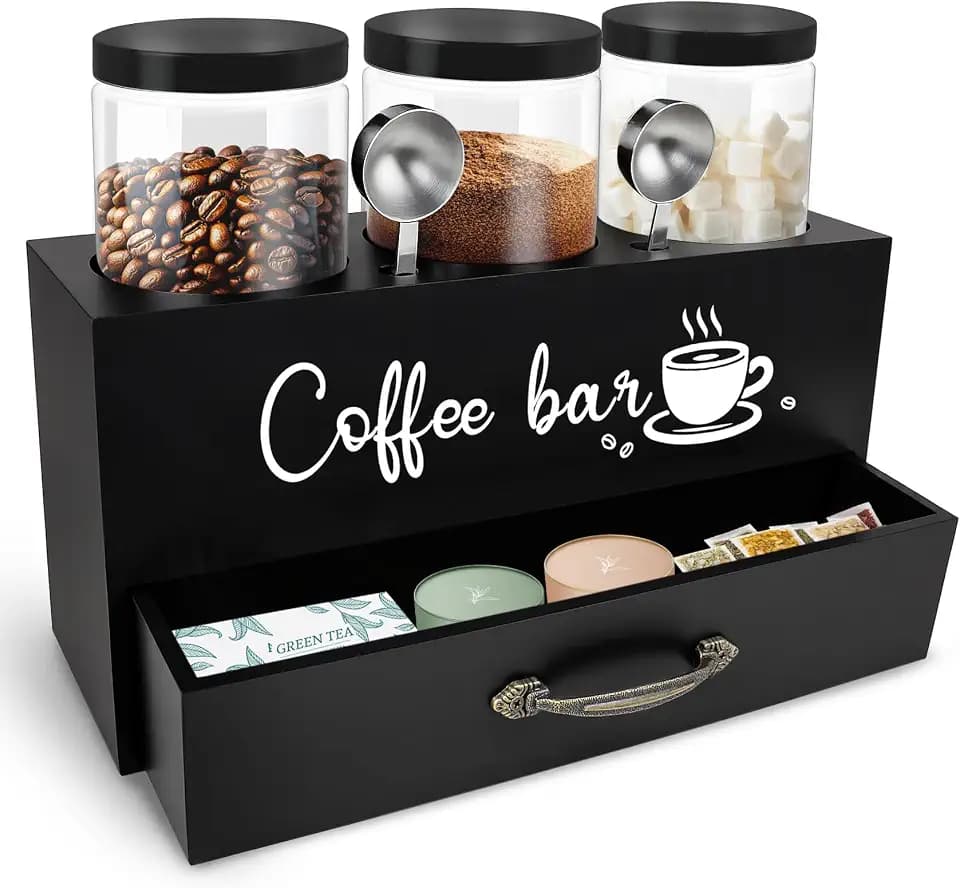MACIFECI 54 oz Coffee Canister Set with Shelf, Coffee and Sugar Container Set of 3 Canisters Sets for Kitchen Counter, Plastic Coffee Bean Storage Container with Scoop (Black - Drawer)