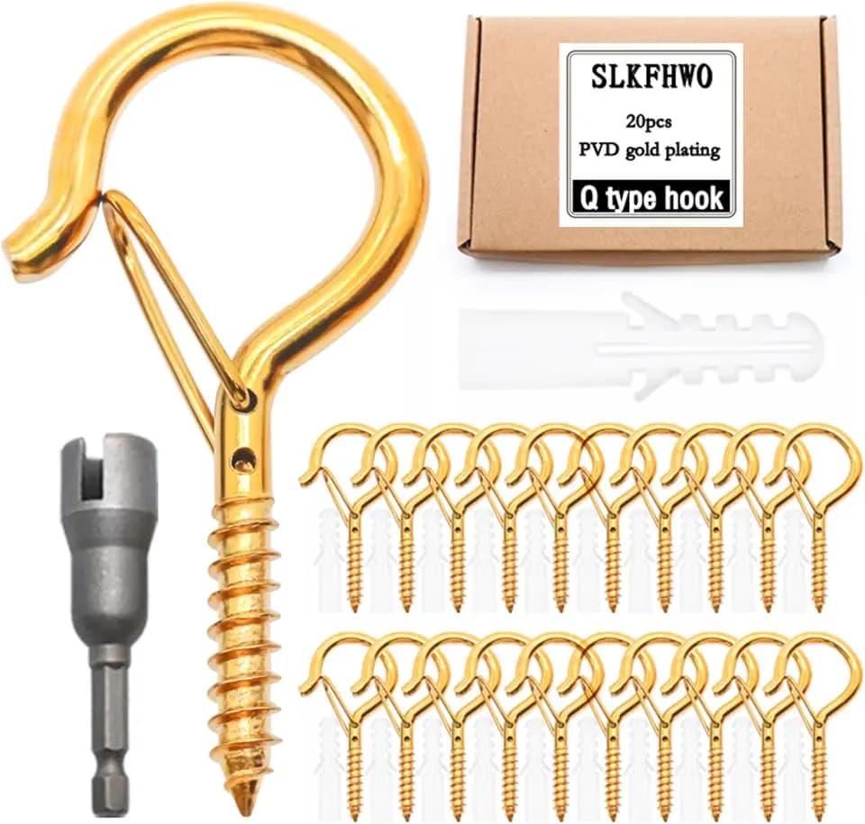 Set of 20 Q hooks or Z hooks, screw-in hooks, outdoor hooks, self-tapping hooks with safety buckles, string lights, wind chimes, bonsai, hanger hooks #10x2.2 inches (PVD-gold plating, Q type hook)