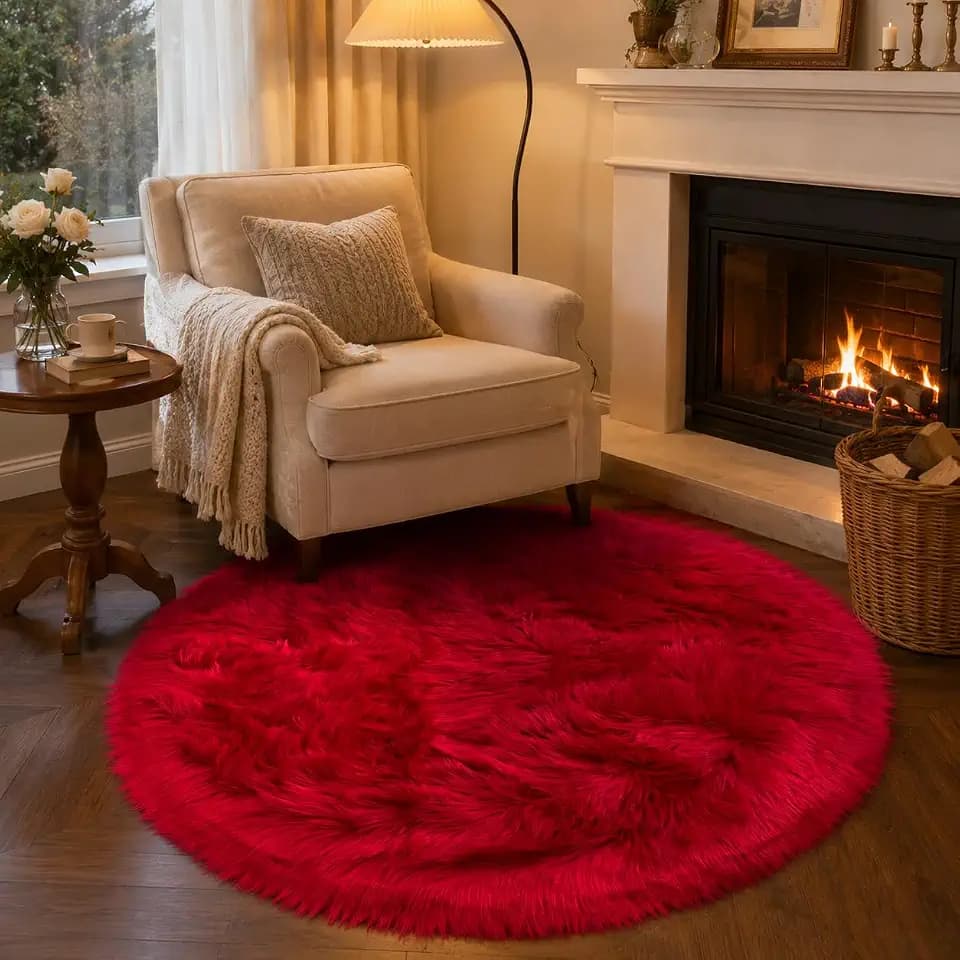 Faux Sheepskin Rug, Red, 4 x 4 Ft