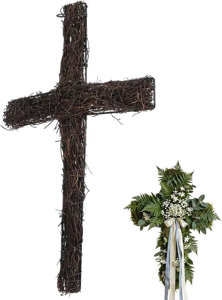 Ciieeo Easter Rattan Cross Wreath : Cross Shaped Wreath Frame Natural Grapevine Rings Rustic Diy Wall Door Hanging Form for Easter Party Decorations