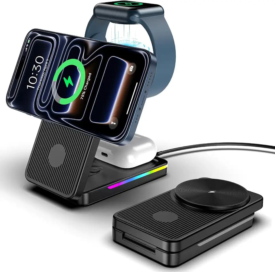 Reise Magenetisch Ladegerät, 15W Schnelles Laden Magenetisch Ladestation für iPhone 16 15 Pro Max/14/13, Faltbar Apple Ladestation für Apple Watch 9/Ultra, Wireless Charger für AirPods Pro