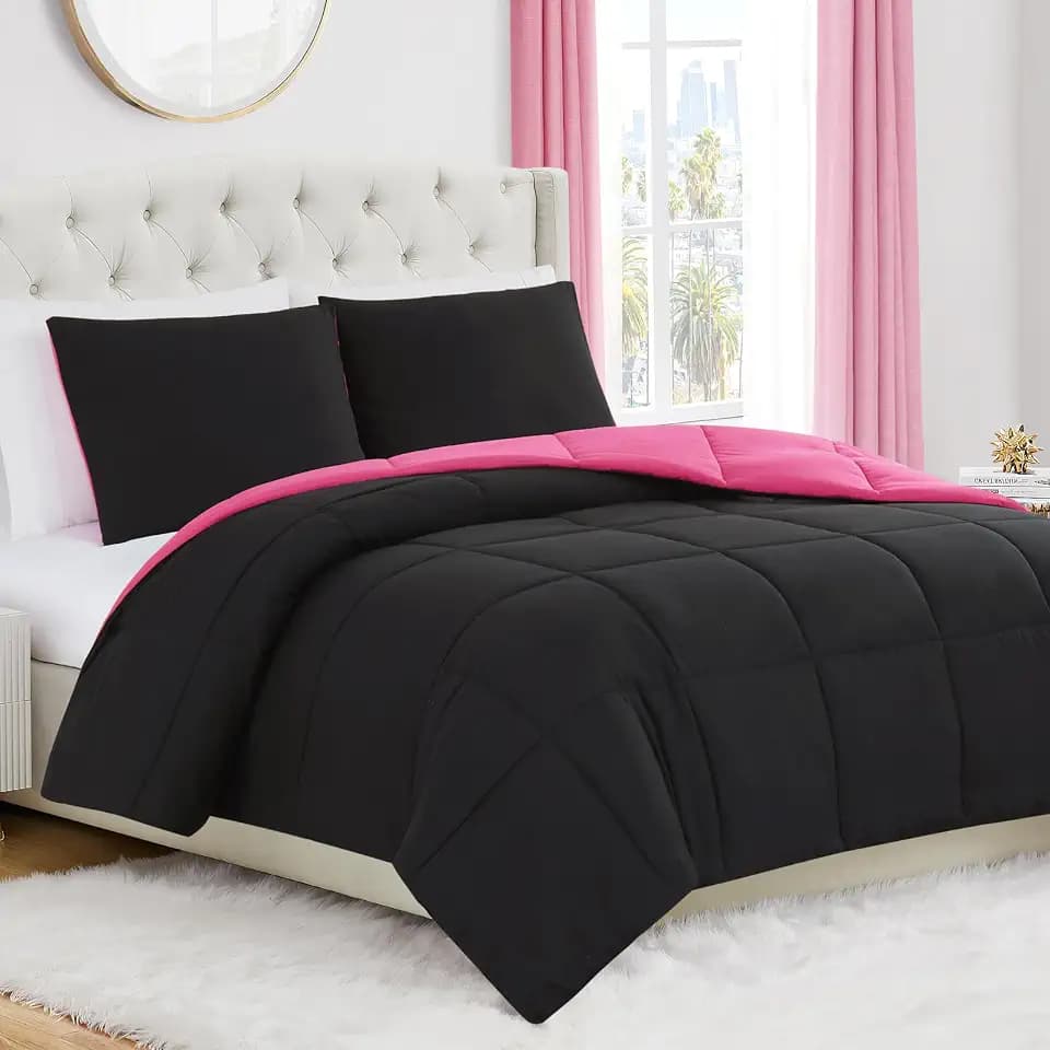 Juicy Couture Reversible Box Stitch Comforter Set, 2-Piece Twin/Twin XL – Hot Pink/Black – Glam Bedding Set